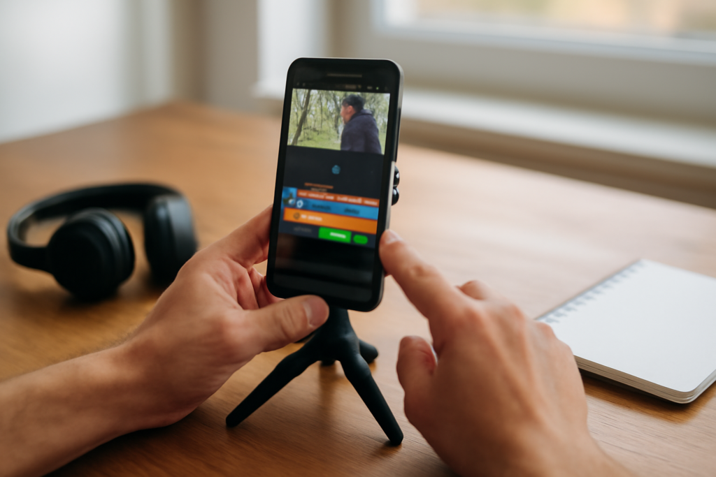 Tangan mengedit video di HP Android dengan aplikasi edit video ringan di meja kayu