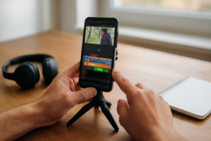 Tangan mengedit video di HP Android dengan aplikasi edit video ringan di meja kayu