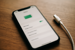 Ponsel Android di atas meja dengan kabel pengisi daya untuk menghemat baterai