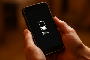 Seseorang memegang HP Android sambil melihat indikator persentase baterai di layar