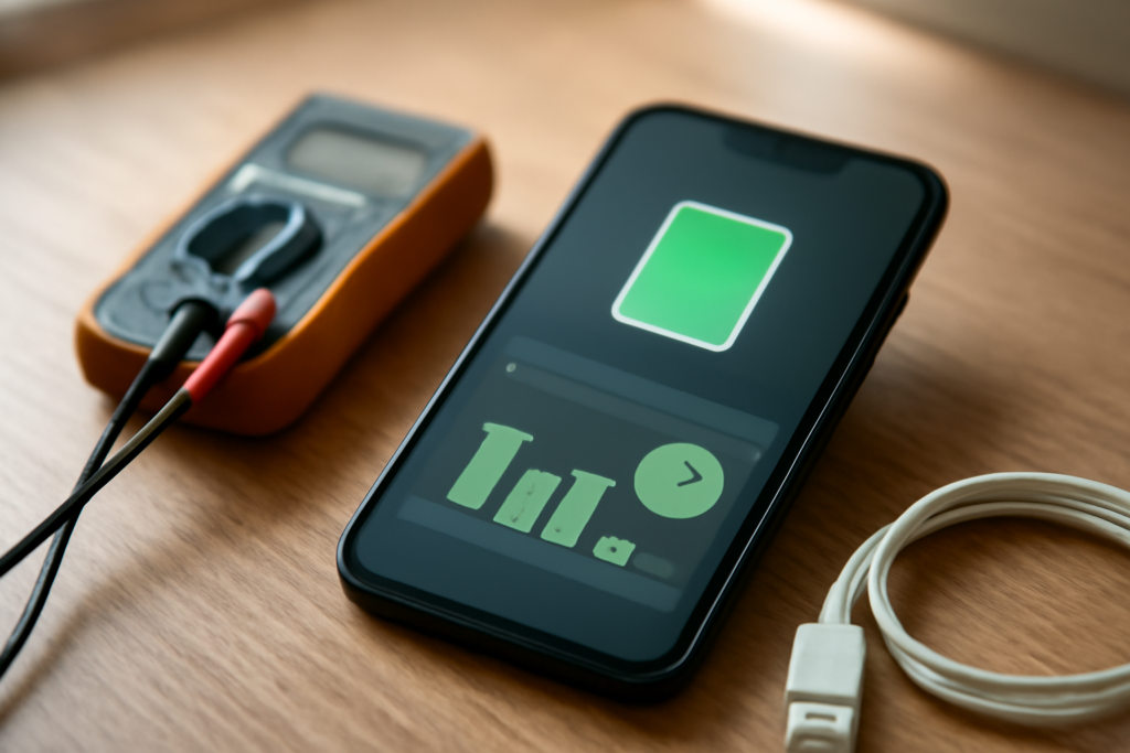 Ponsel Android di meja dengan kabel charger untuk memantau aplikasi baterai