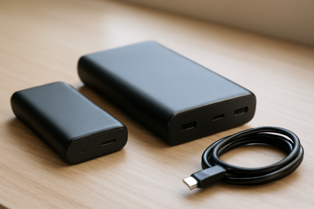 Dua power bank berukuran kecil dan besar di atas meja kayu sebagai perbandingan kapasitas
