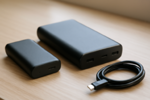 Dua power bank berukuran kecil dan besar di atas meja kayu sebagai perbandingan kapasitas